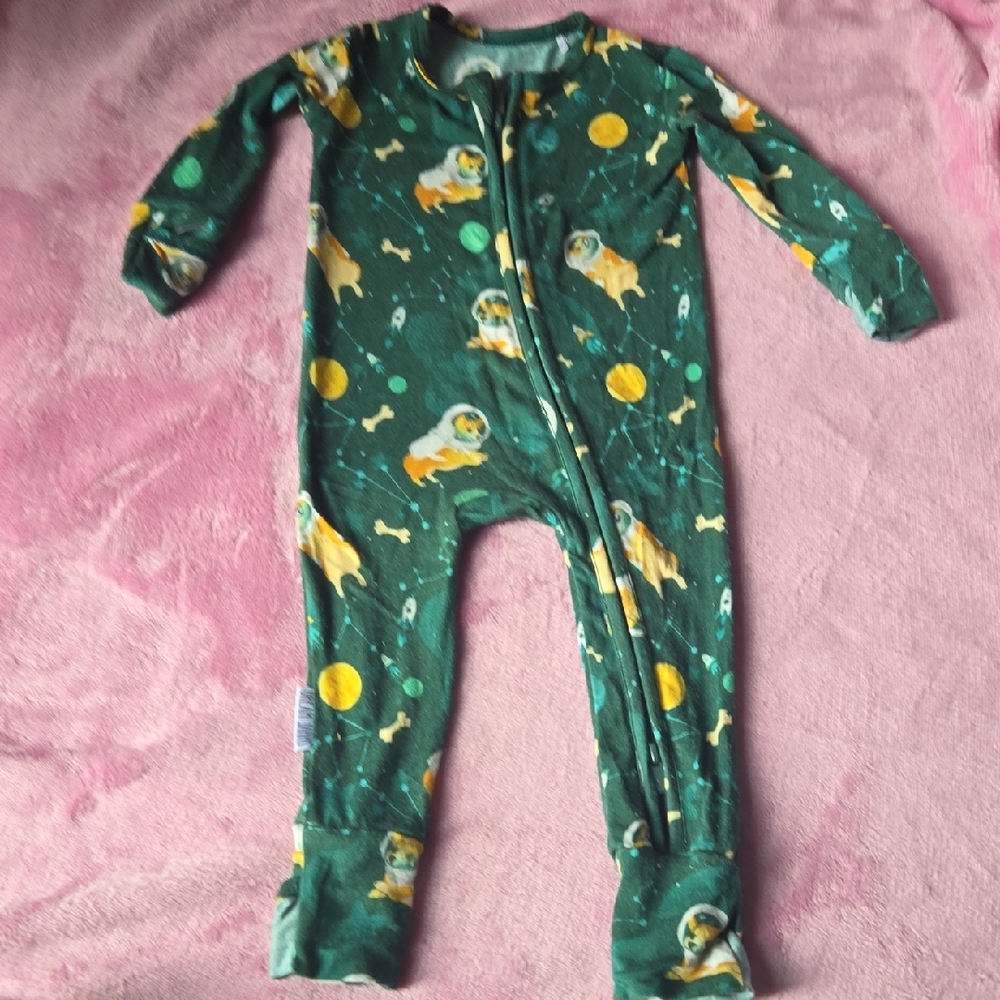 Dream Jamms Pup Pup And Away Green Dogs In Space Bamboo Convertible Footie